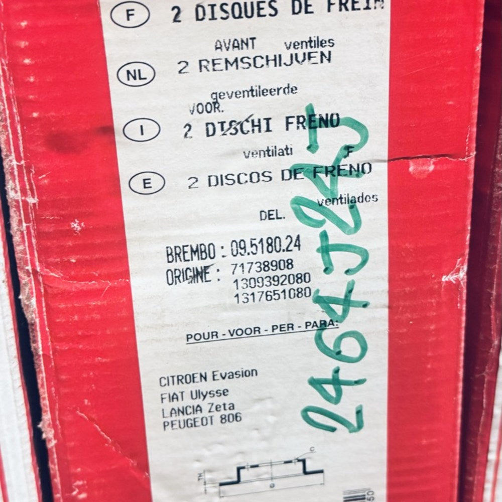 Jeu de 2 disques de frein avant ventilés Brembo 09.5180.24 – Peugeot 806, Citroën Evasion